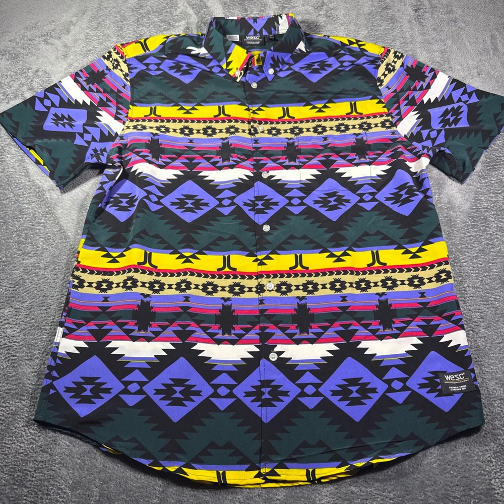WeSC Mens Short Sleeve Button Down Shirt Multi Color Geometric Aztec L L413570R